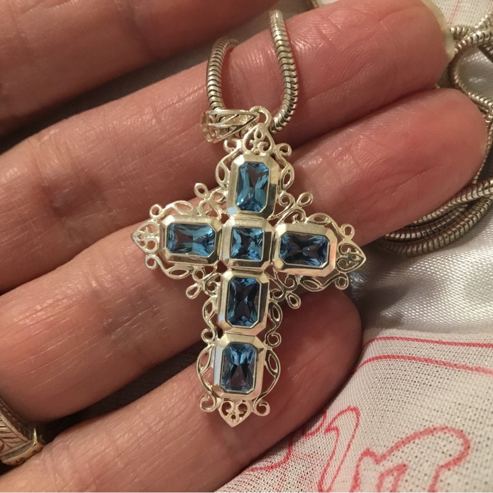 Vintage New 925 Natural Swiss Blue Topaz Sterling Cross Pendant